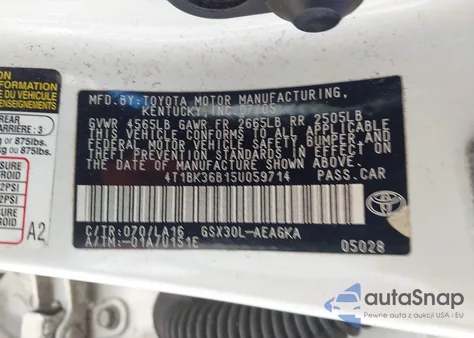 2005 Toyota Avalon Xls из США, поврежденный, VIN 4T1BK36B15U059714